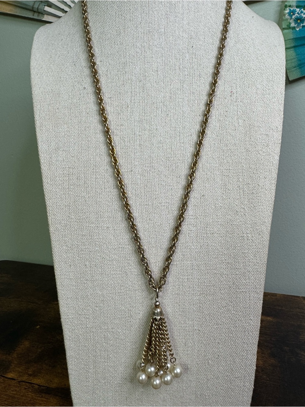 Vintage Gold Tone Chain Pearl Tassel Necklace